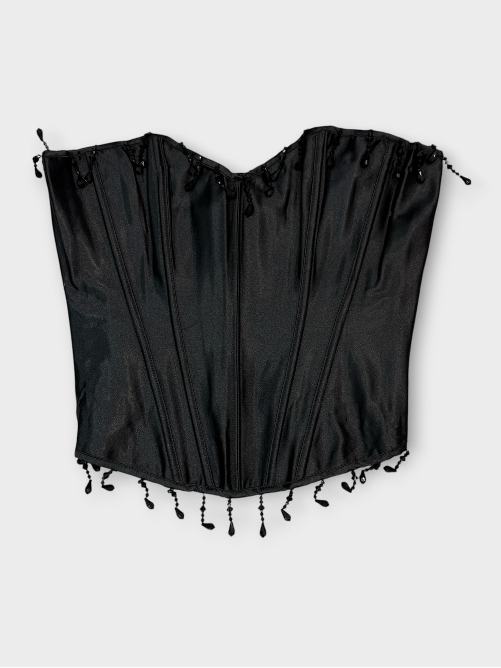 Black Satin Beaded Corset Bustier Top Strapless Boned Gothic Y2K Size XXL